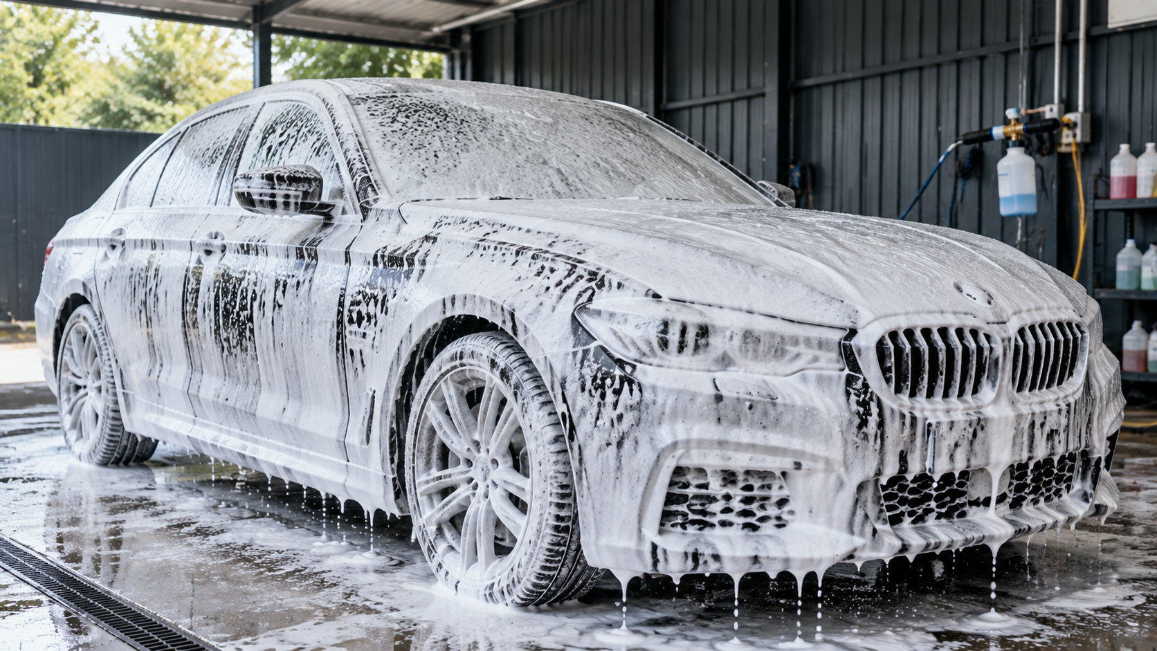 Touchless foam pre-soak during post-body-repair cleaning