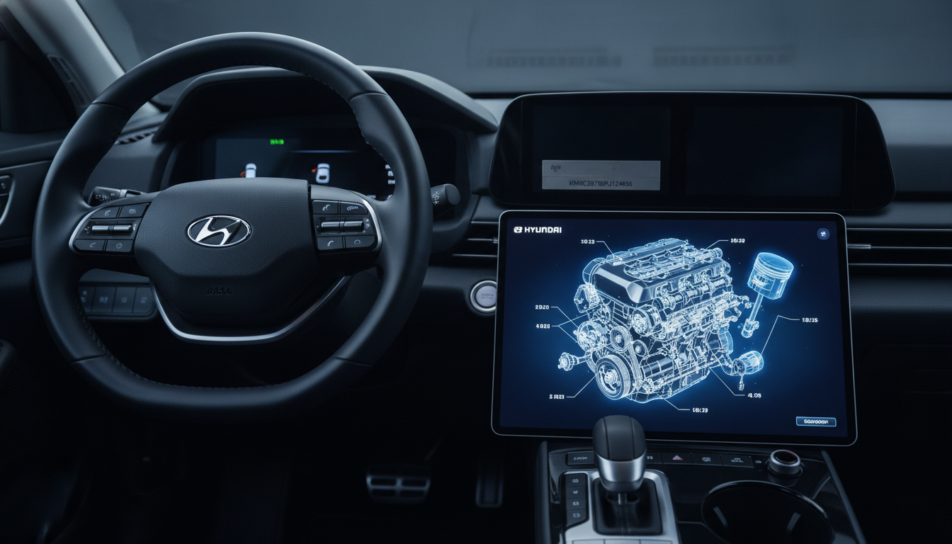 Hyundai technician using a digital tablet to view a VIN-matched factory service manual engine diagram in a professional workshop.