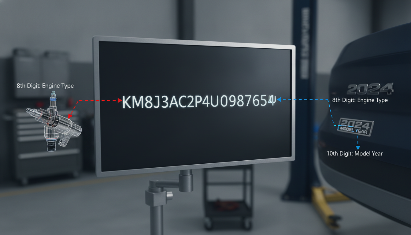 A detailed technical breakdown of a Hyundai 17-character VIN showing how specific digits map to engine and model year data for repair accuracy.