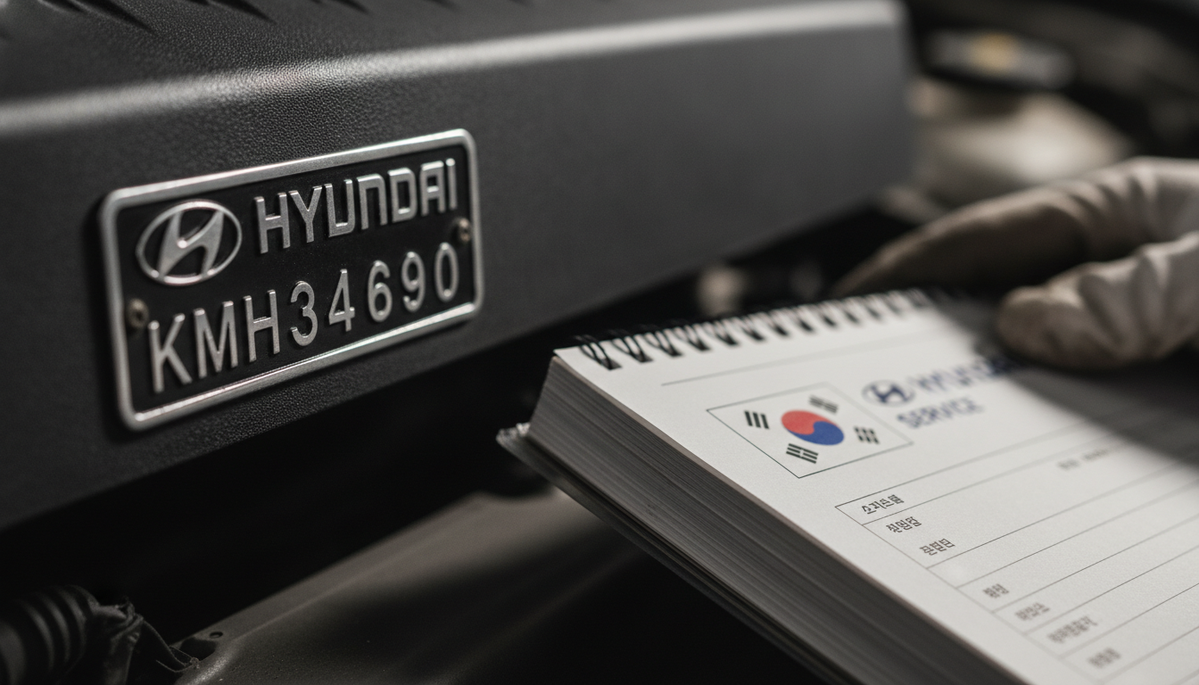 Close-up of a Hyundai VIN plate focusing on the KMH World Manufacturer Identifier for South Korean built vehicles.