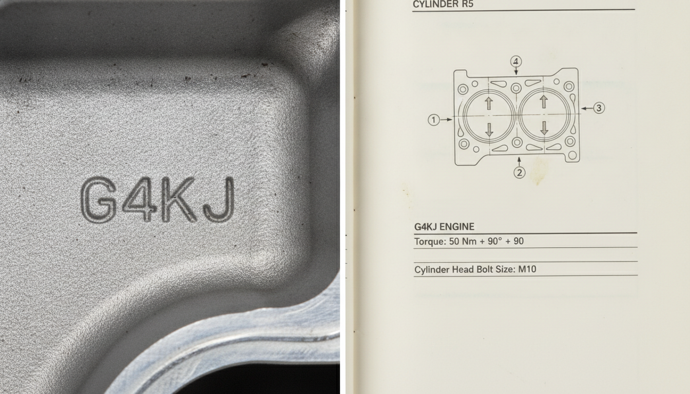 Comparison of a physical G4KJ Hyundai engine code stamp and the corresponding torque sequence page in a service manual.