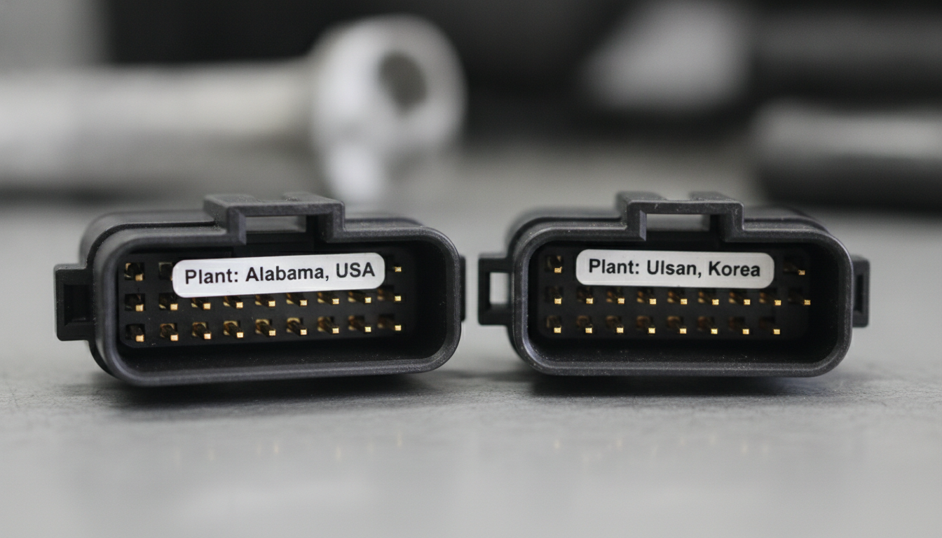 Detailed comparison of Hyundai ABS connectors showing differences based on manufacturing plant codes from the VIN.