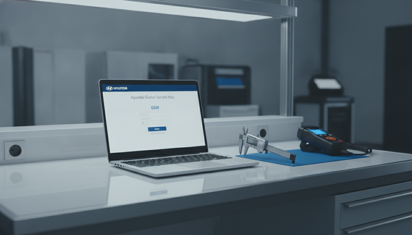 Technician workstation showing the official Hyundai Global Service Way portal for factory manual access.