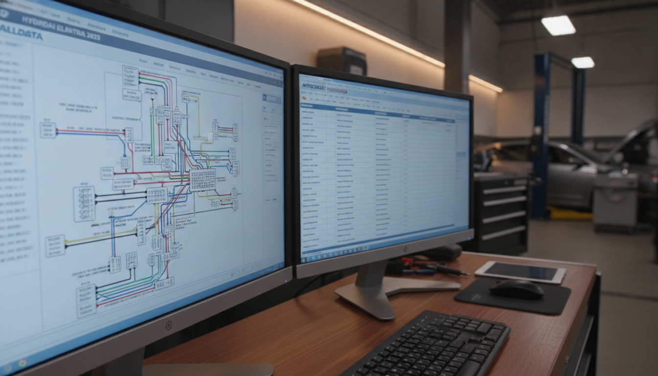 Professional shop dual-monitor setup showing ALLDATA wiring diagrams and Mitchell1 data for Hyundai repairs.