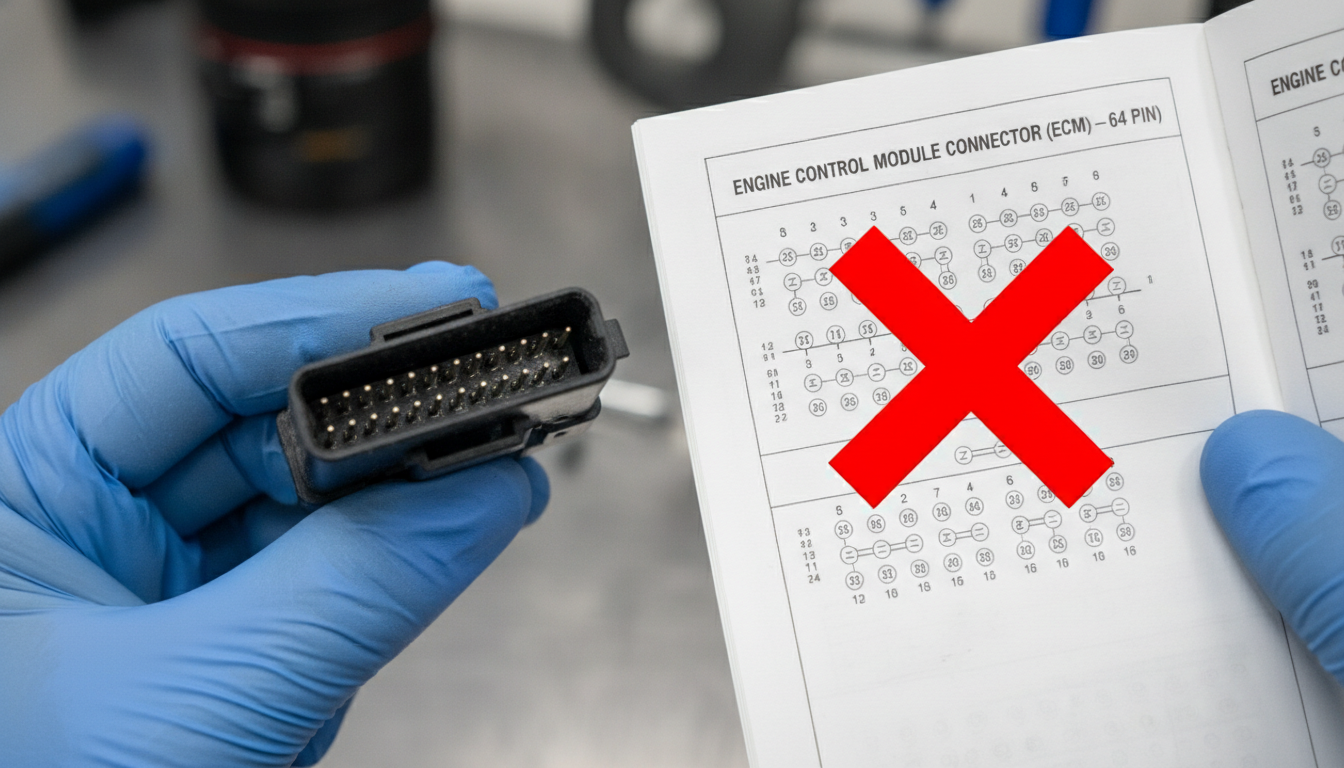A technician identifying a mismatched Hyundai manual by comparing a physical 80-pin connector to a 64-pin manual schematic.