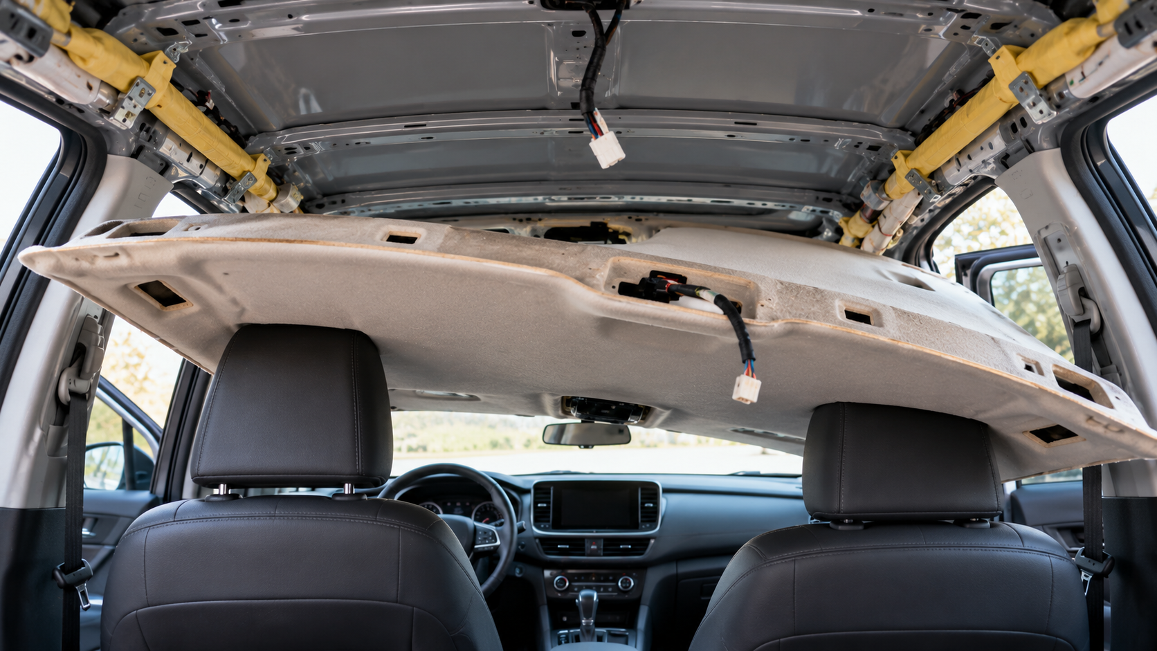 Lowering the car ceiling headliner board safely from the roof rails