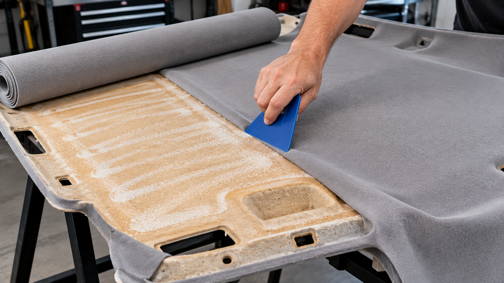 Applying new foam-backed fabric during car ceiling headliner restoration