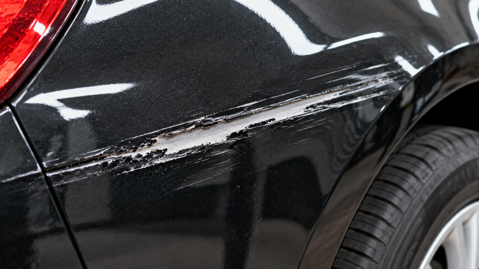 How to repair exterior paint scrapes on a car panel showing a deep scratch
