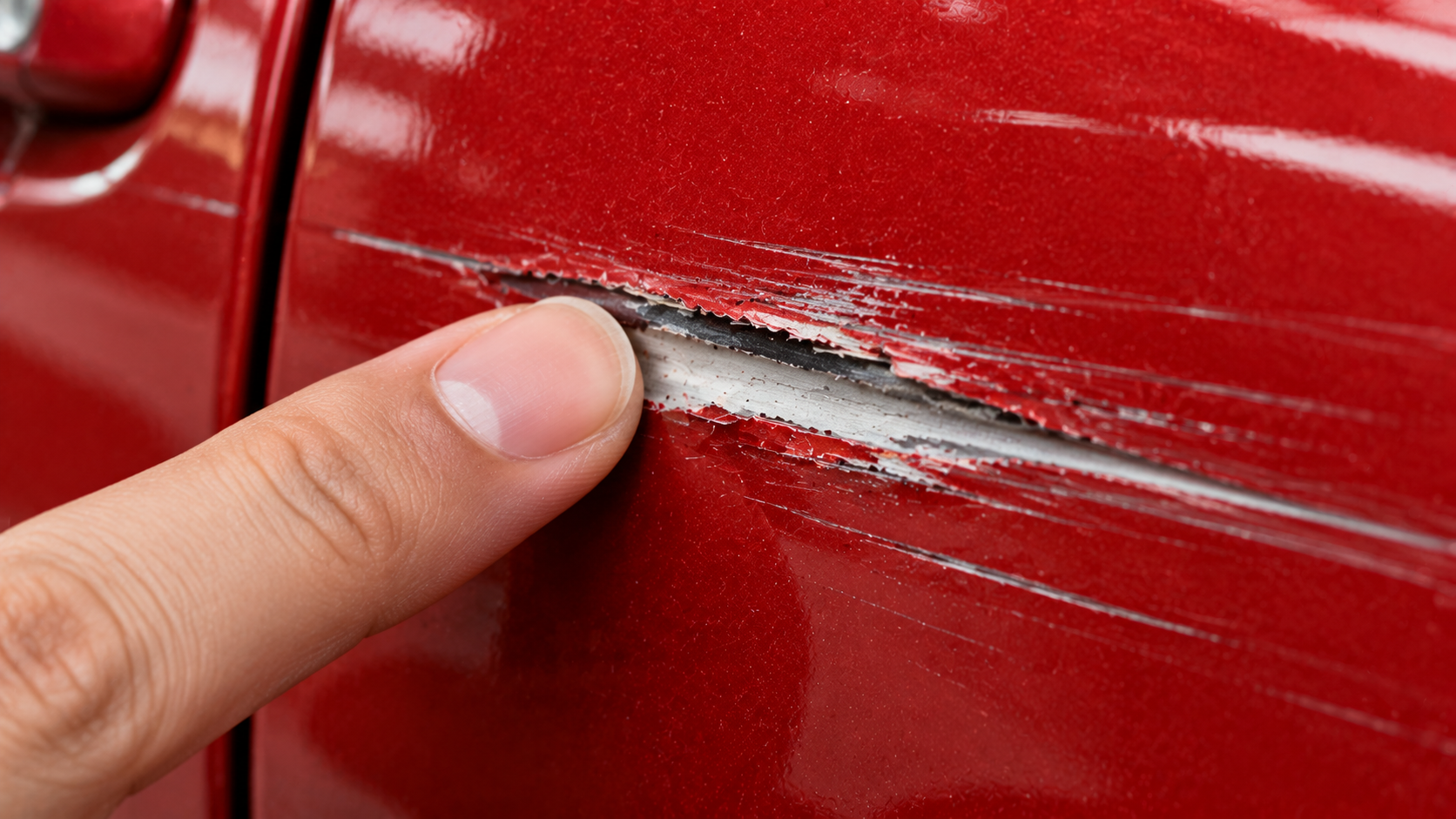 Assessing the depth of an exterior car scrape on a red paint panel