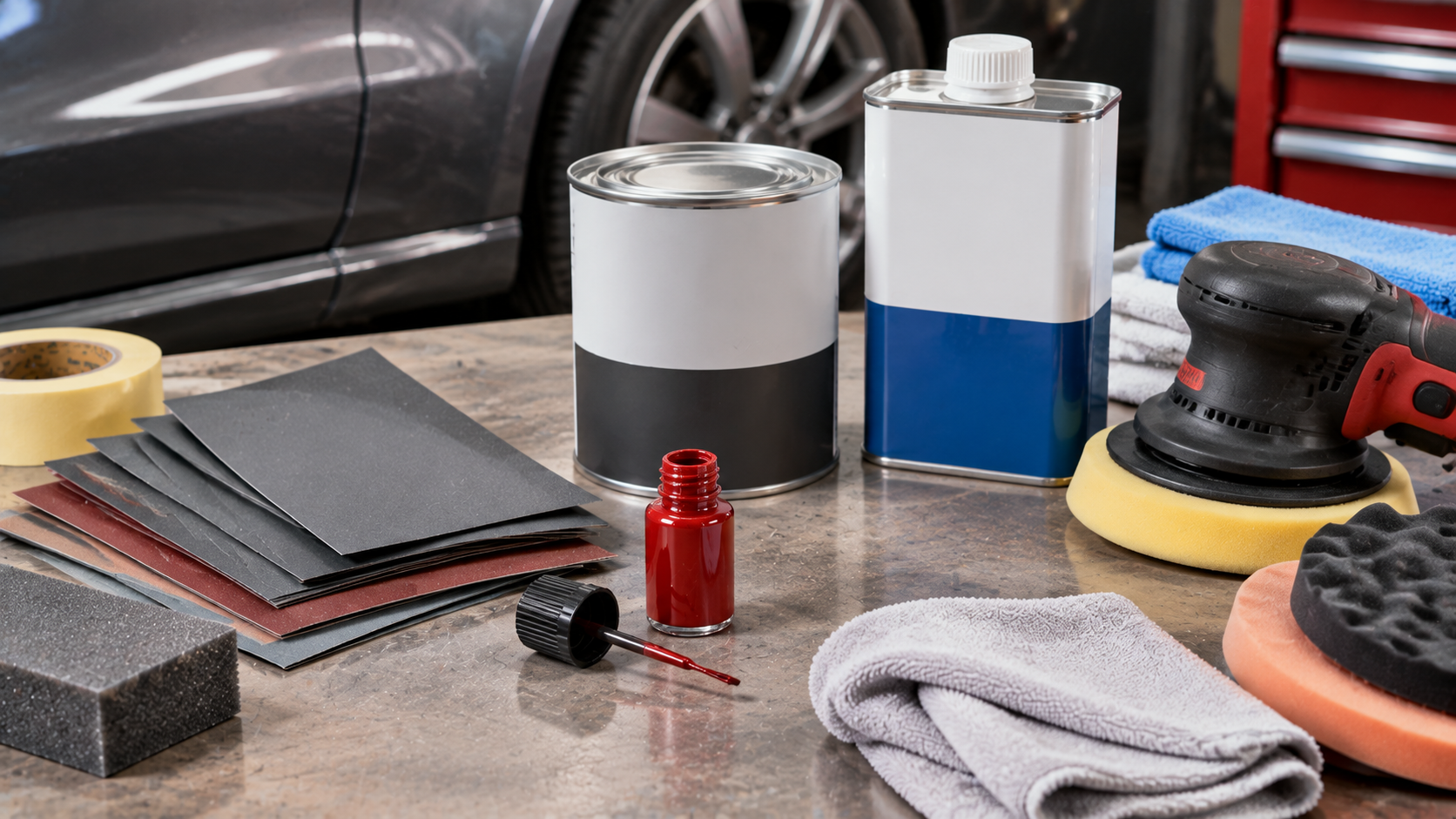 Essential tools and materials for an exterior car scrape repair