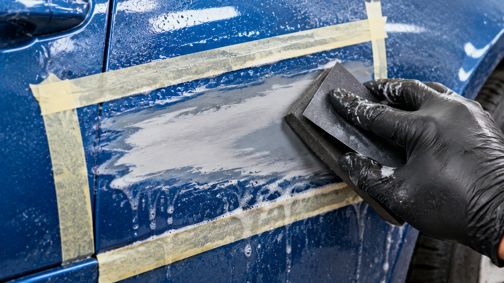 Wet sanding the feathered edges of an exterior car scrape