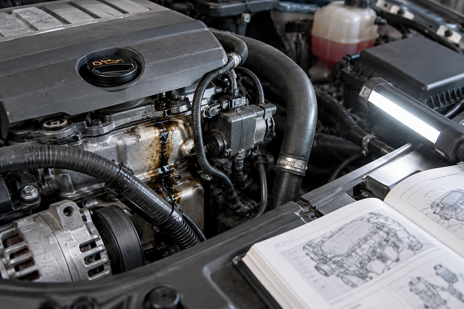 Diagnose then repair car oil leak.
