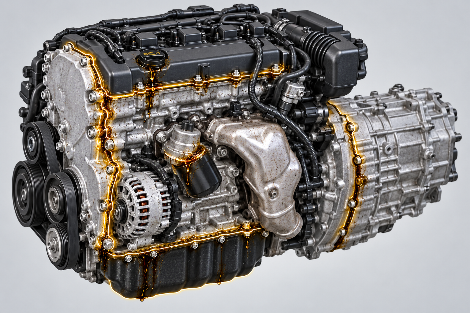 Common oil leak sources on a car including valve cover, oil pan, and filter housing