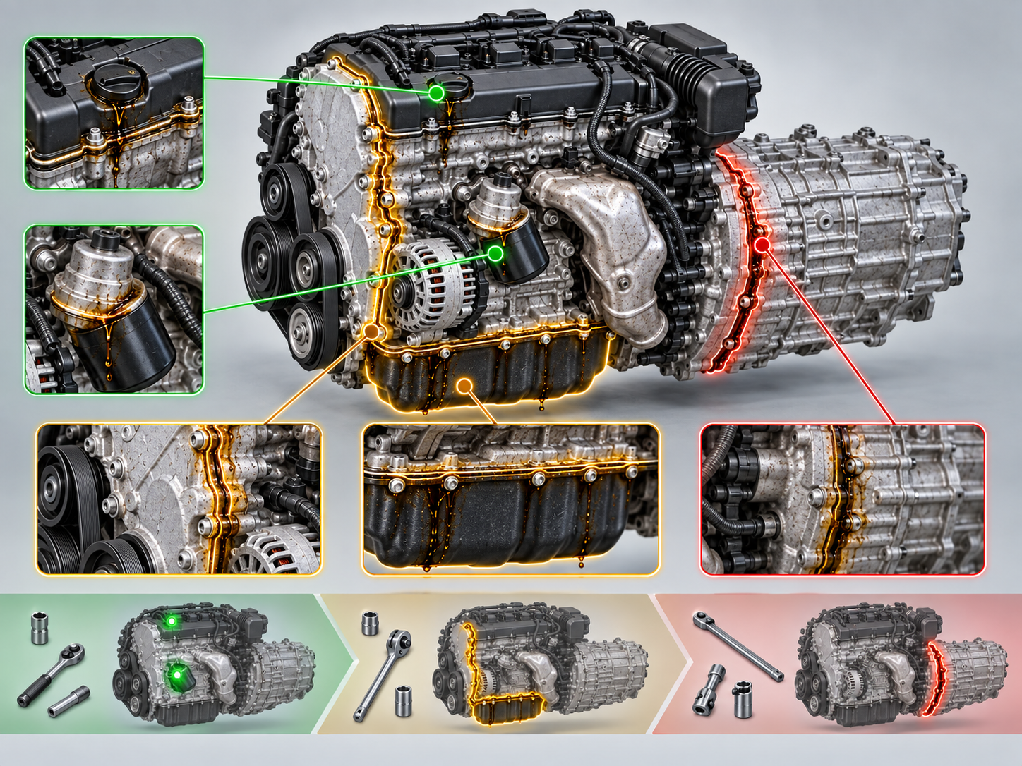 Oil leak repair complexity from accessible seals to major component access