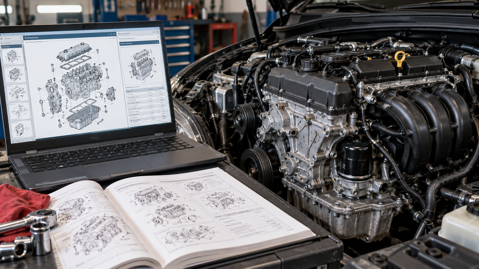 Oil leak diagnosis with a workshop manual and vehicle-specific engine diagrams