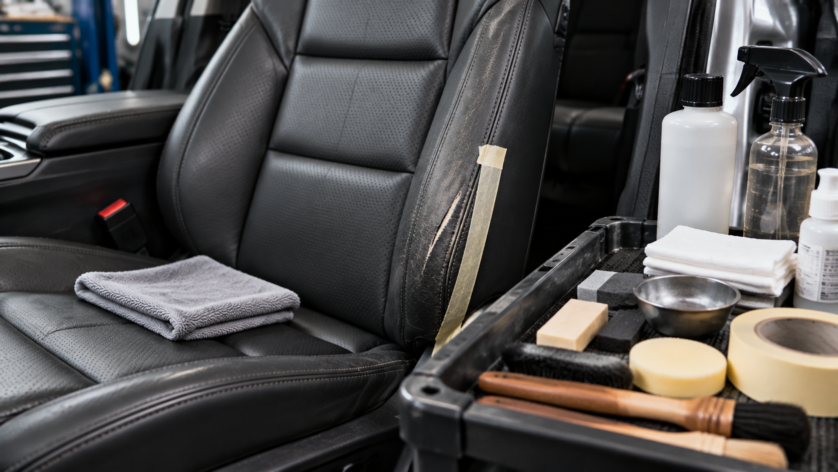 Preparing a leather car seat before tear repair
