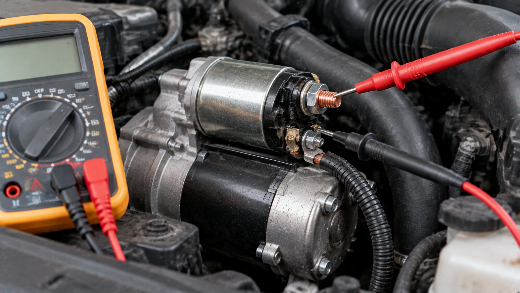 Testing electrical voltage on a car starter solenoid during diagnosis