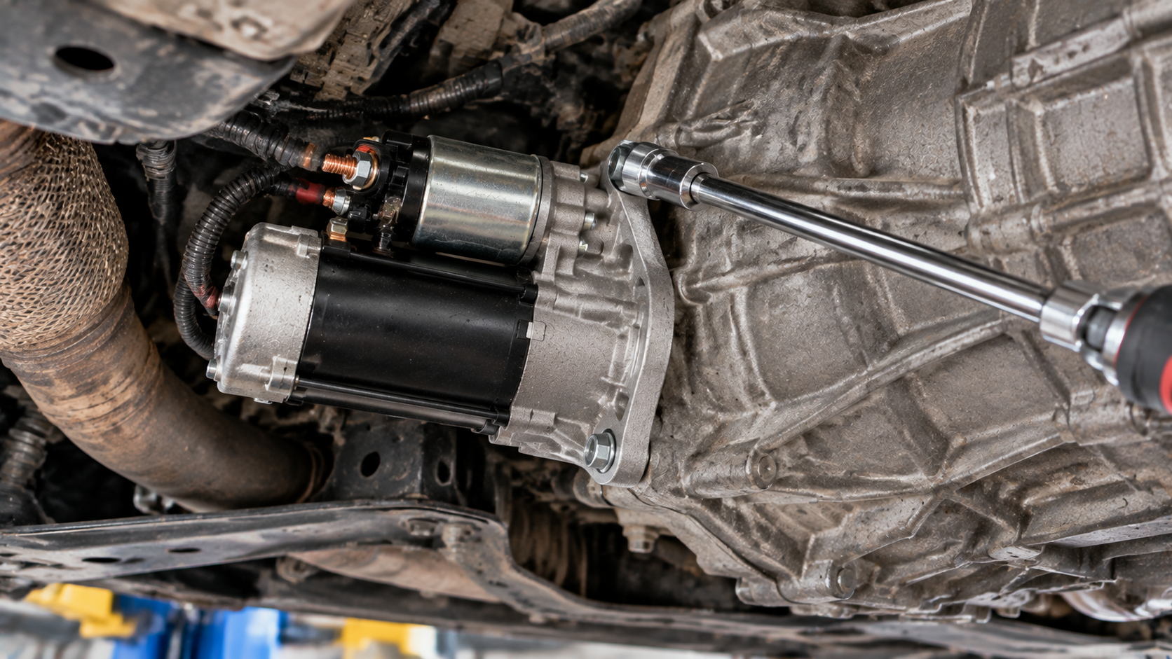 Unbolting a car starter motor from the transmission bellhousing