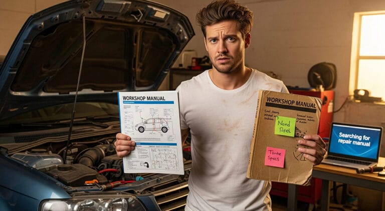 How to Choose the Right Workshop Repair Manual: Frustrated car owner comparing two workshop repair manuals next to an open vehicle hood in a garage setting, trying to choose the right guide for repair.