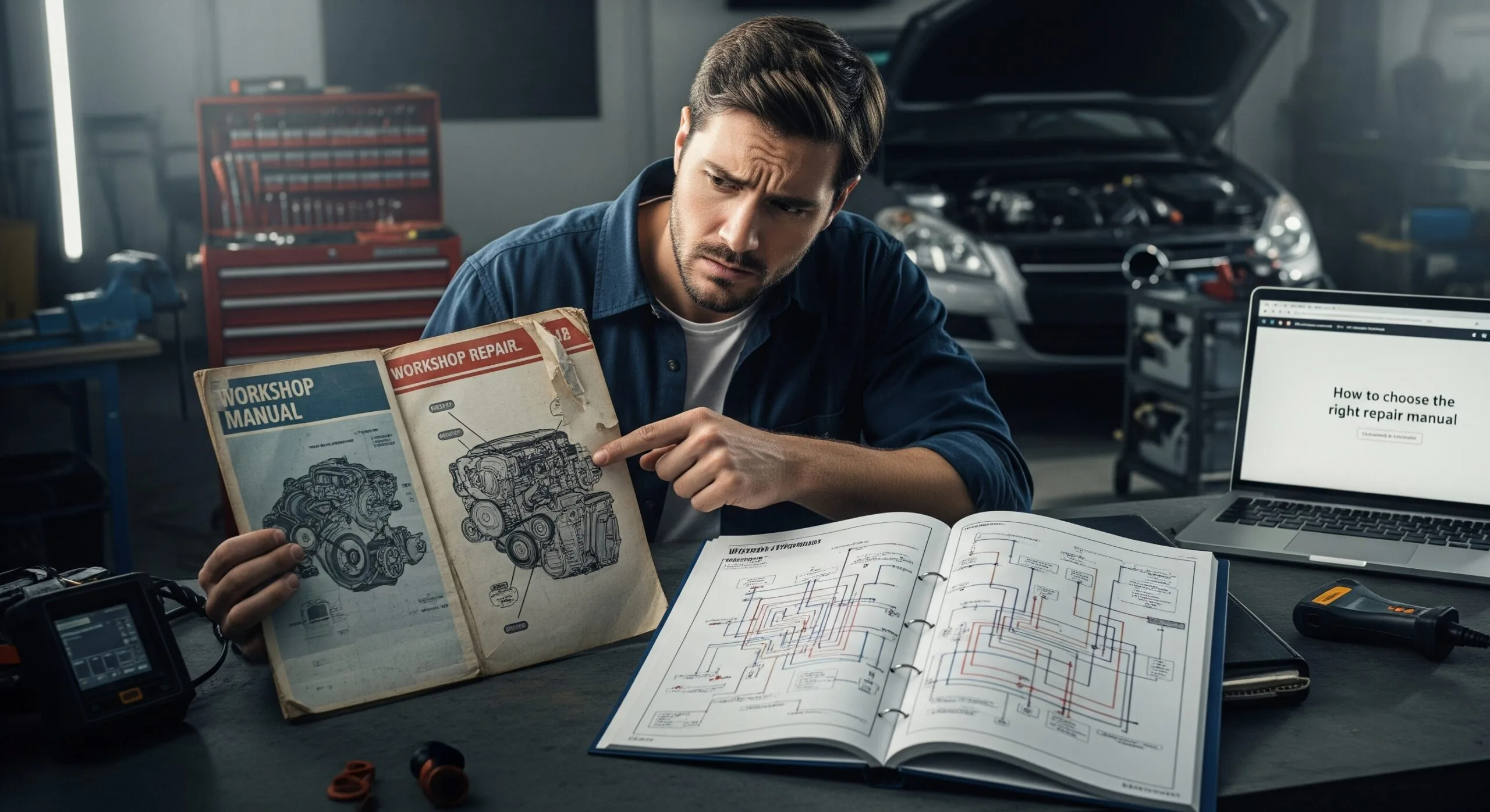 Comparison of a good and bad repair manual side-by-side with a car engine.