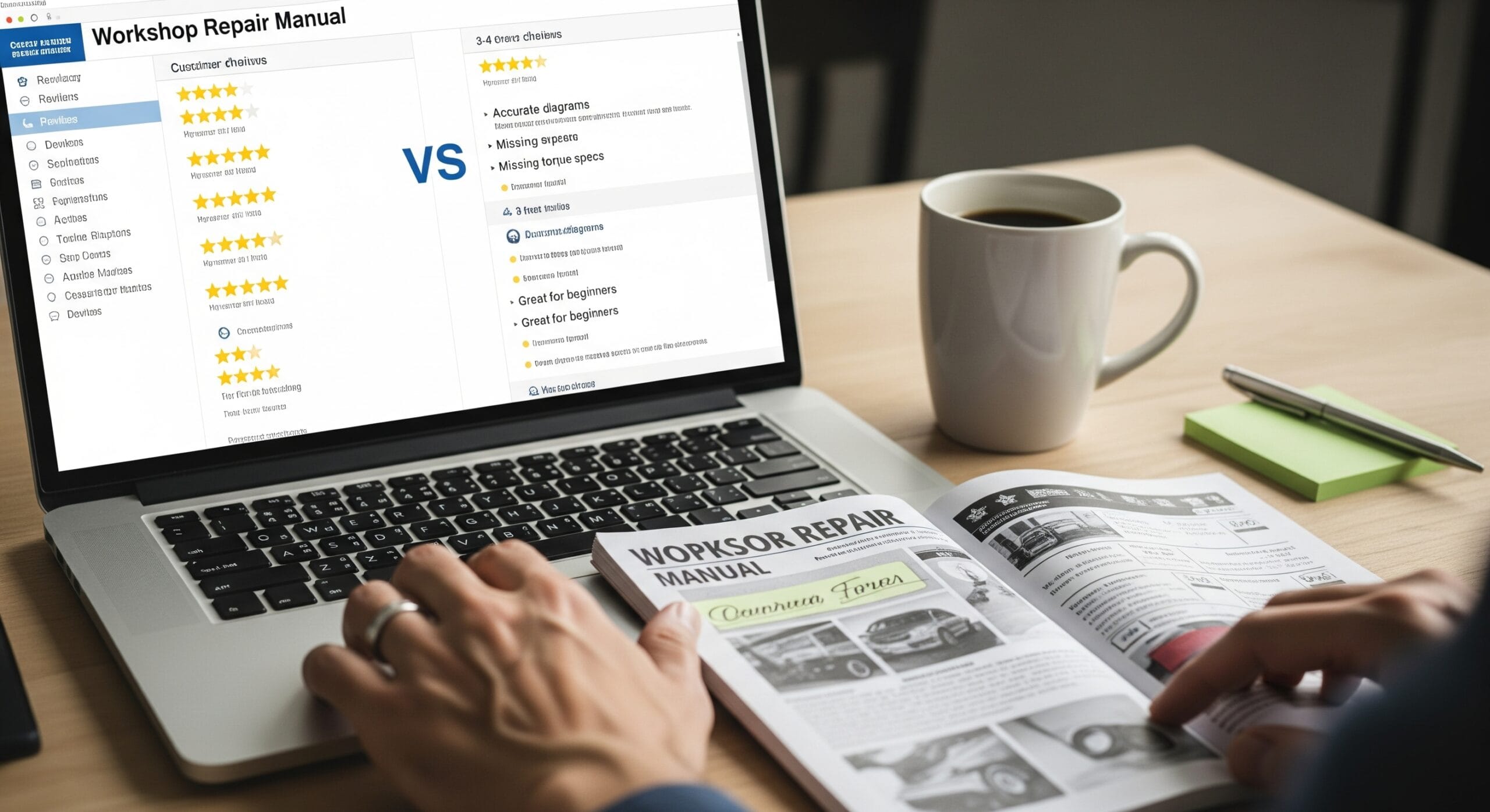 A person reading online reviews of repair manuals on a tablet.