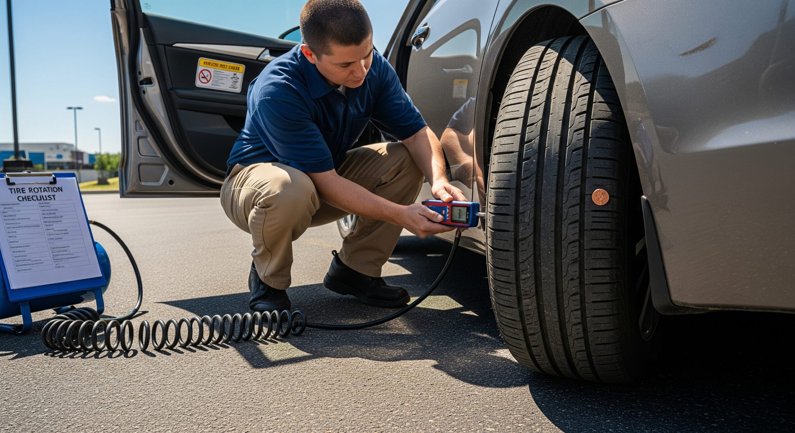 Mechanic checking tire pressure in heat