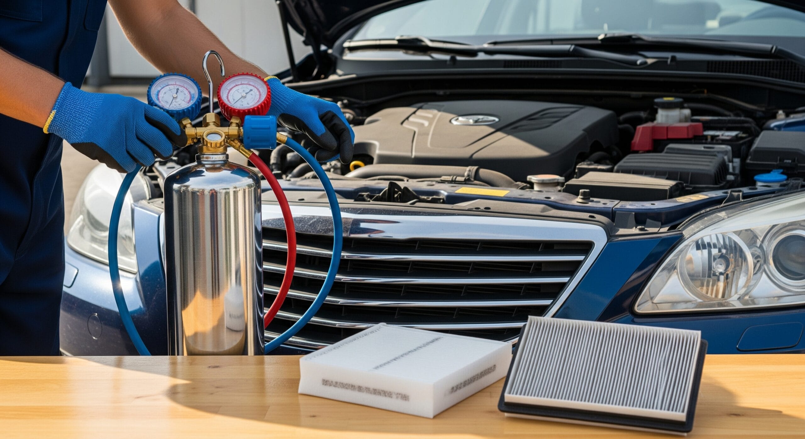 Mechanic recharging car AC system