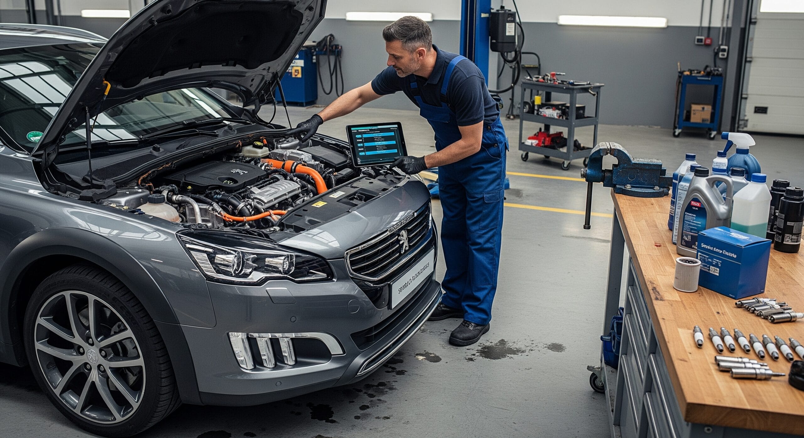 Mechanic servicing Peugeot 508 RXH hybrid engine