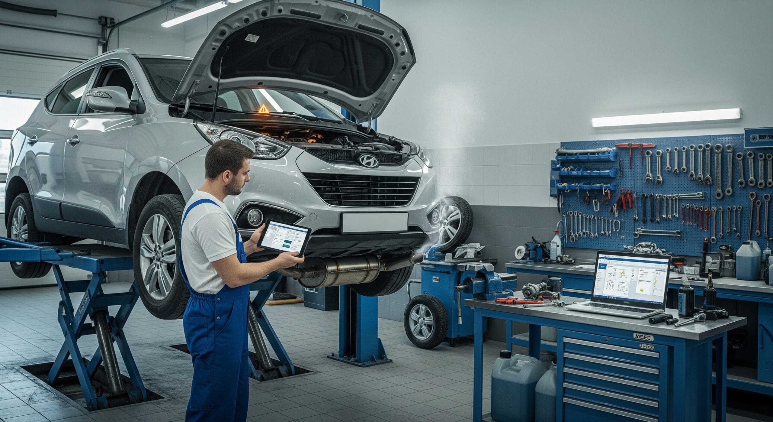 Mechanic inspecting Hyundai ix35 diesel particulate filter in garage
