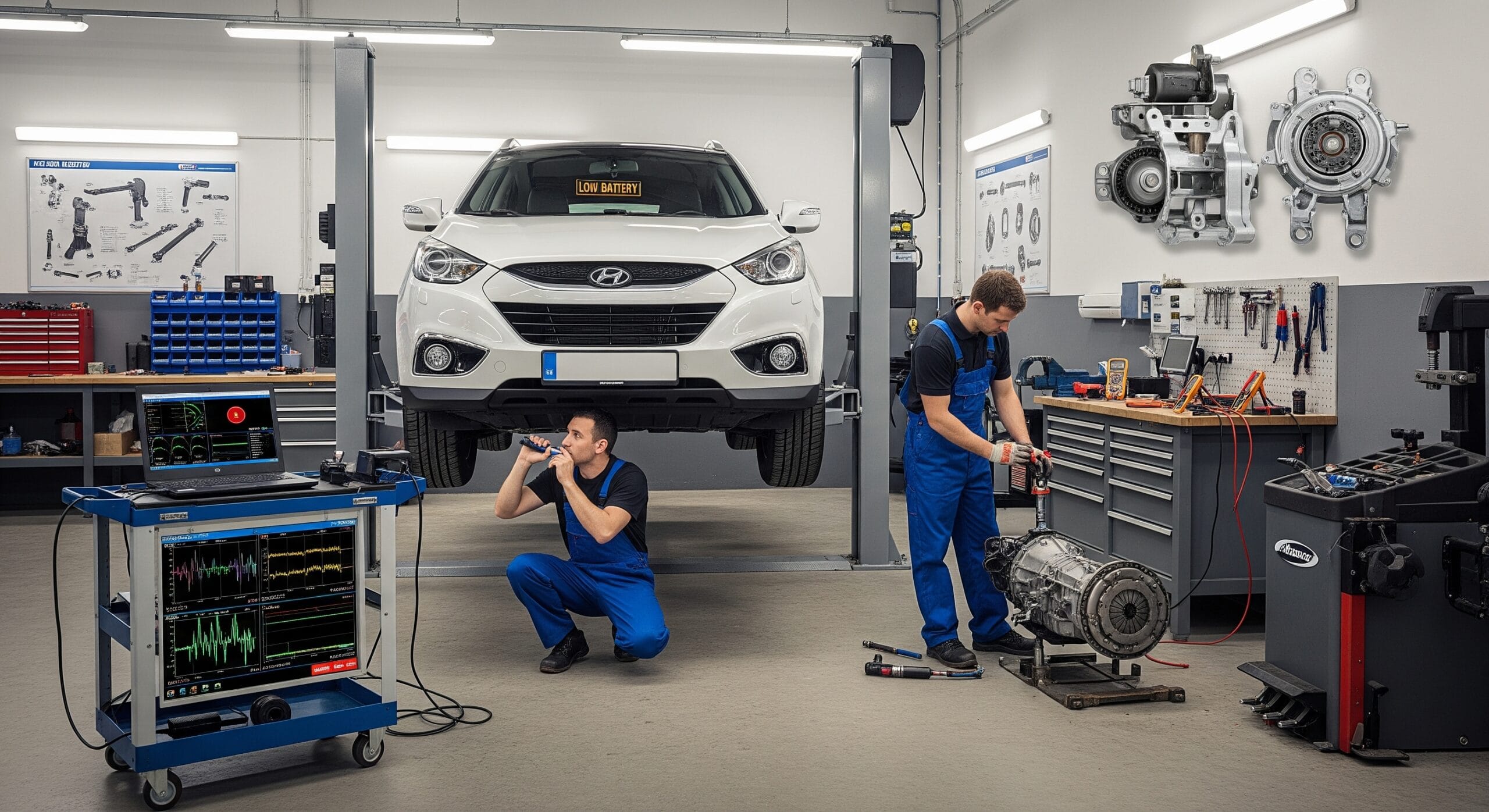 Mechanic diagnosing Hyundai ix35 suspension, clutch, and electrical problems