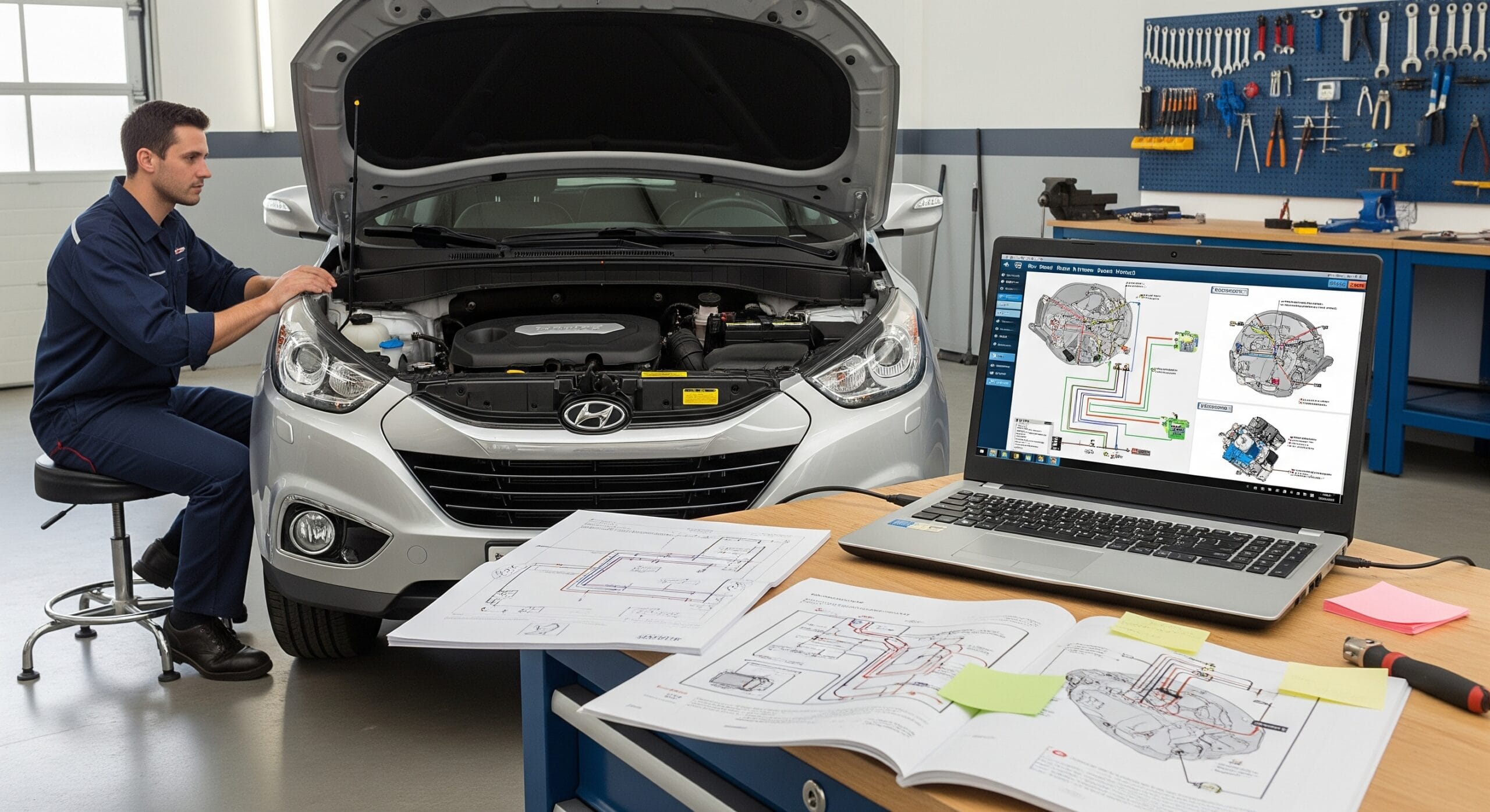 Mechanic using manuals and wiring diagrams for Hyundai ix35 troubleshooting