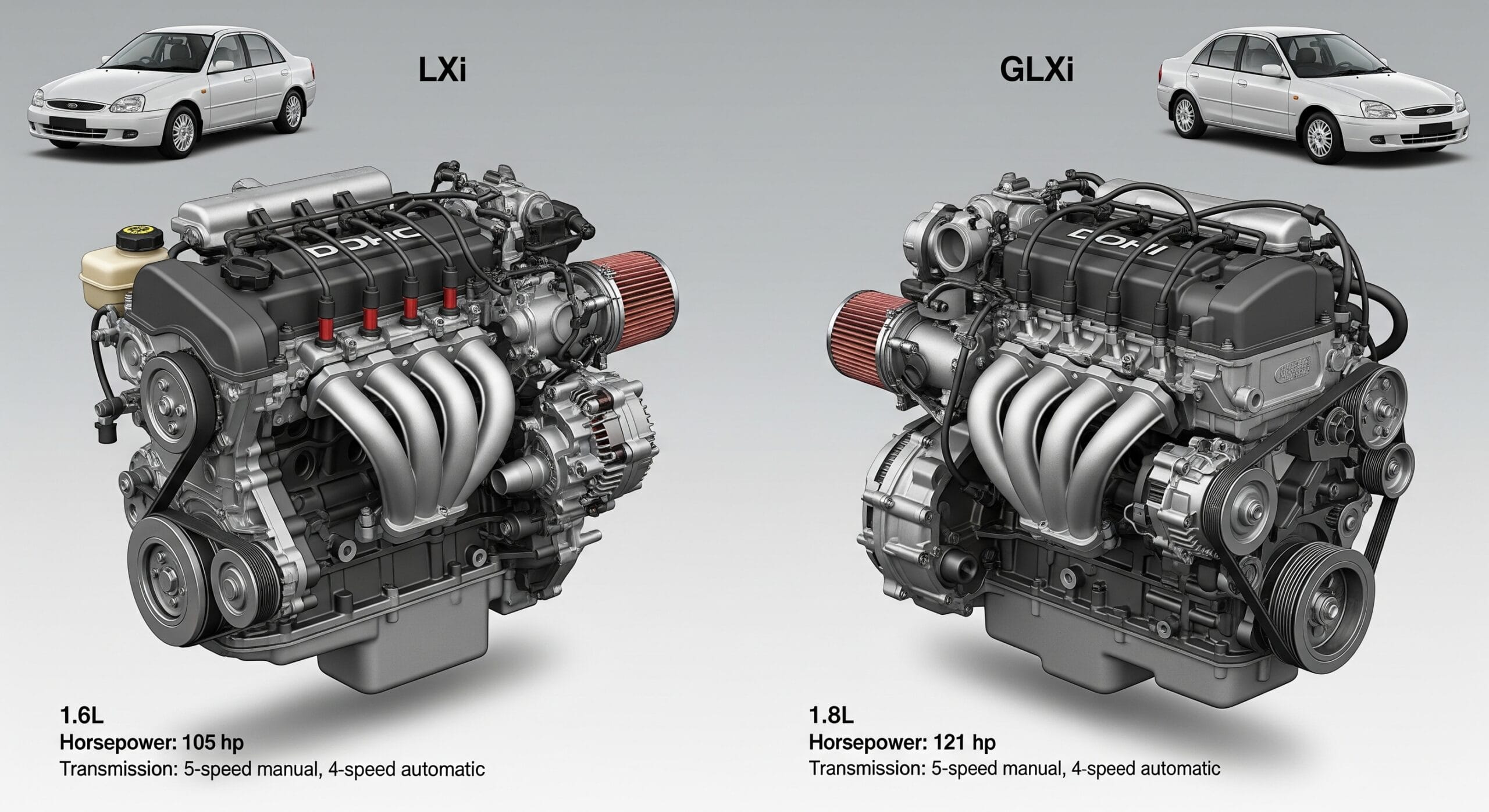 2001 Ford Laser LXi and GLXi engine comparison with key specs