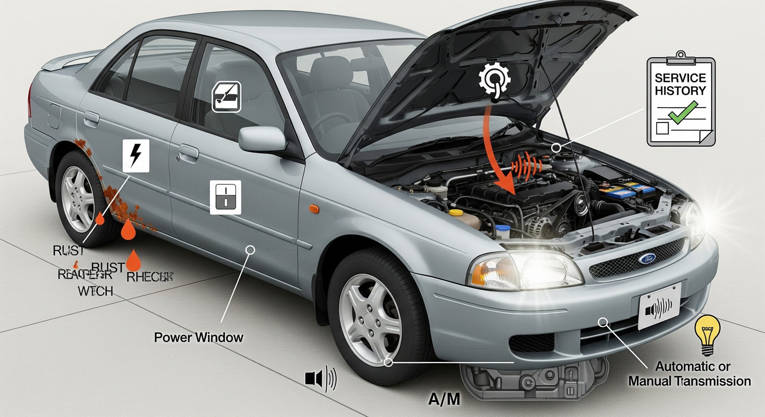 2001 Ford Laser pre-purchase inspection and key checks diagram