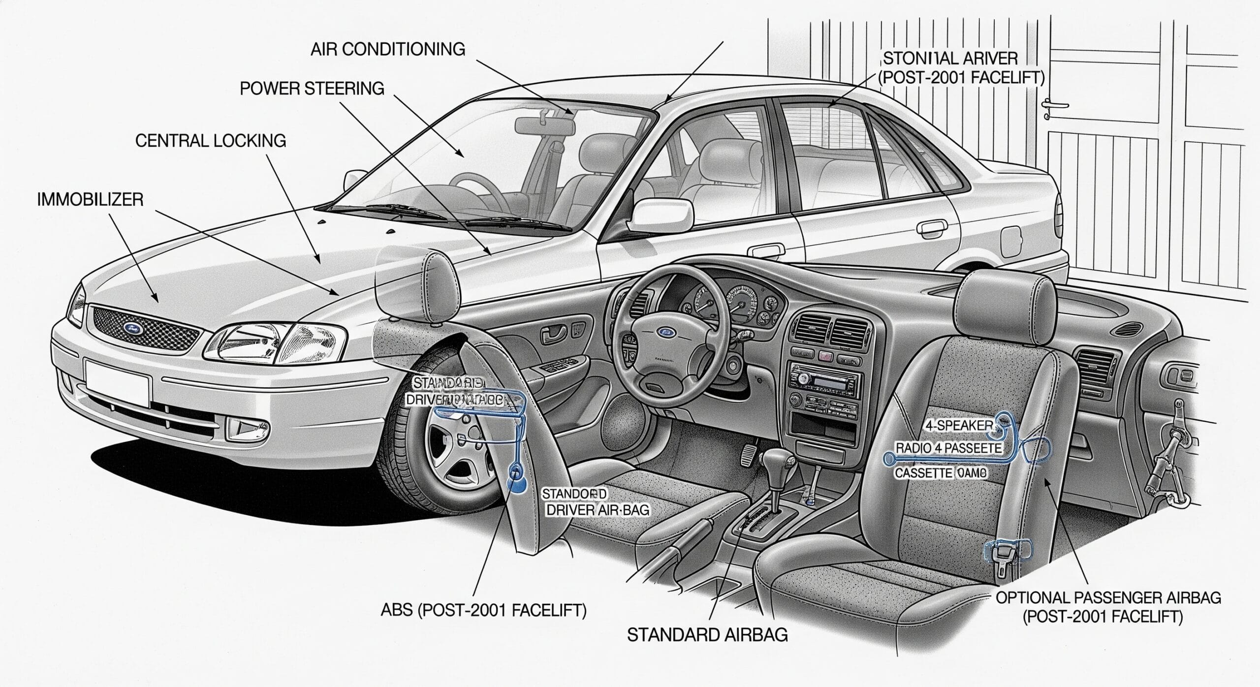 2001 Ford Laser LXi and GLXi key features and interior details diagram