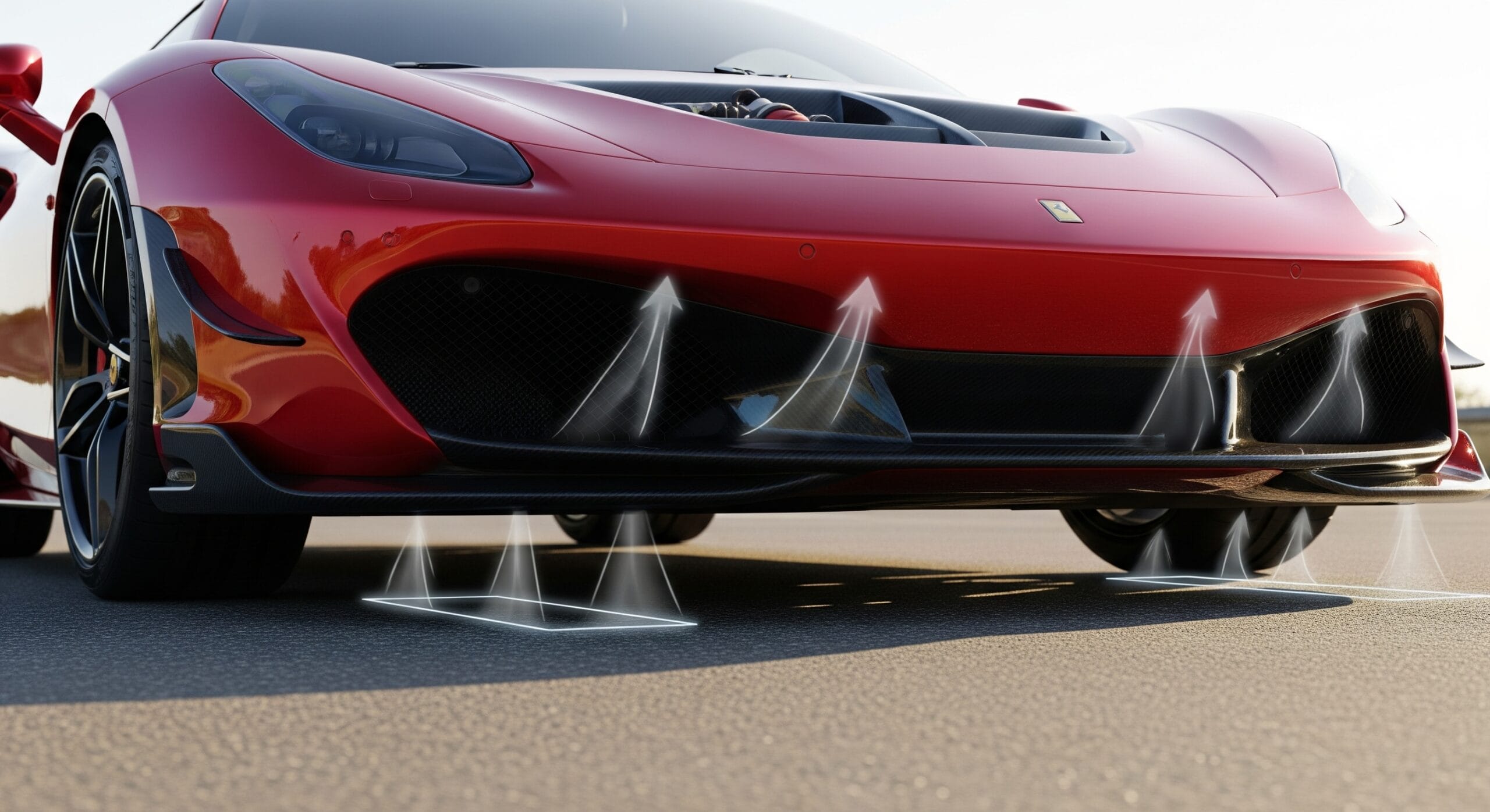 Front spoiler reducing underbody airflow and improving grip