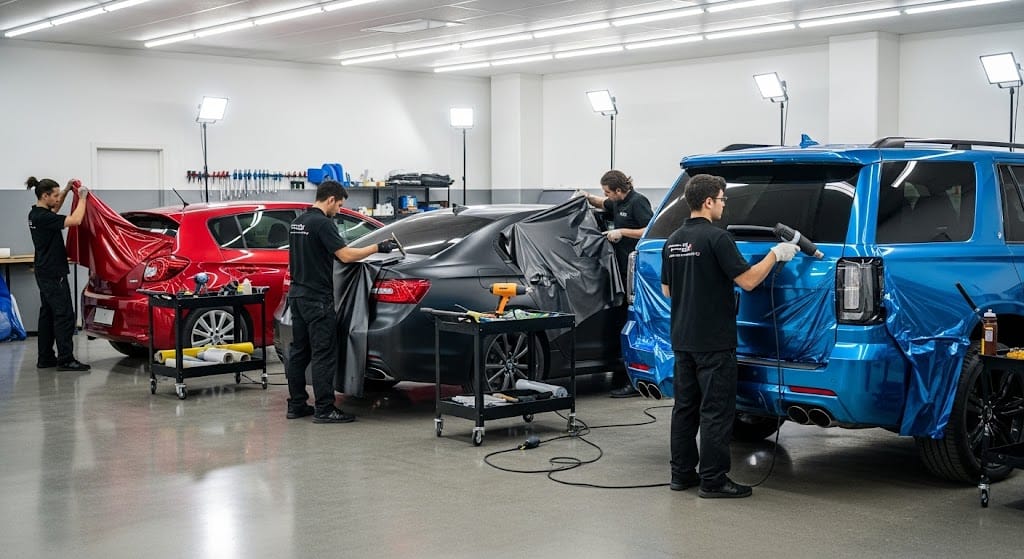 Different cars with varied vinyl wrap finishes in workshop