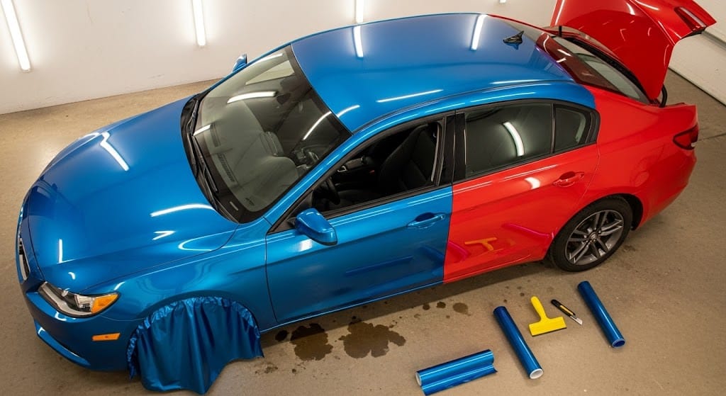 Partial car wrap showing vinyl application on hood