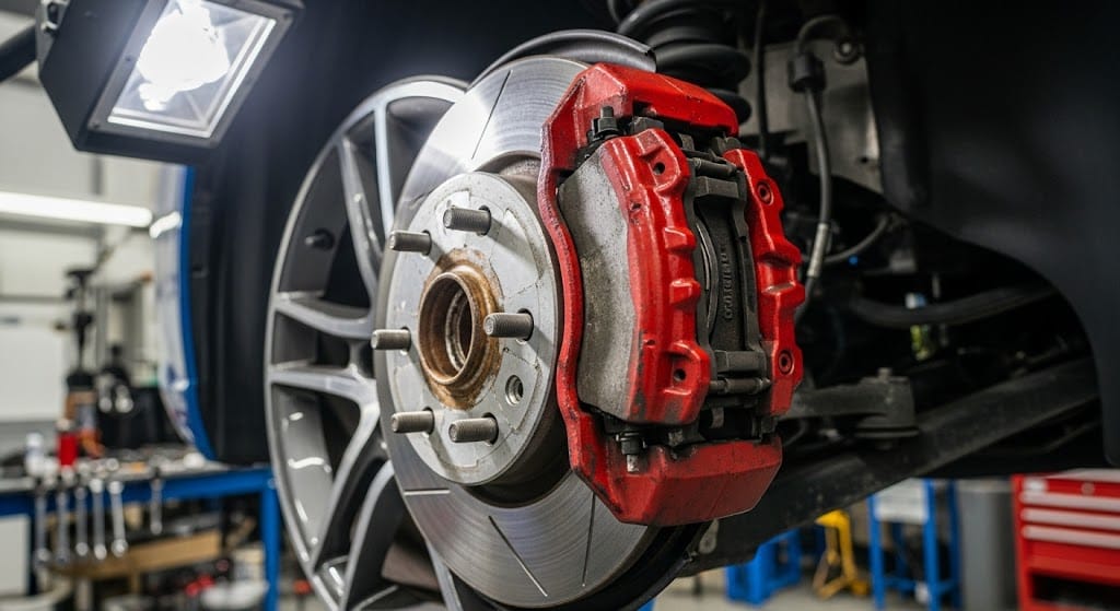 Close-up of worn brake pads causing uneven braking