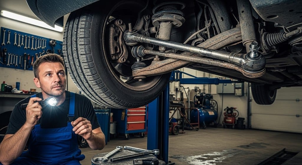 Mechanic inspecting worn suspension and steering components