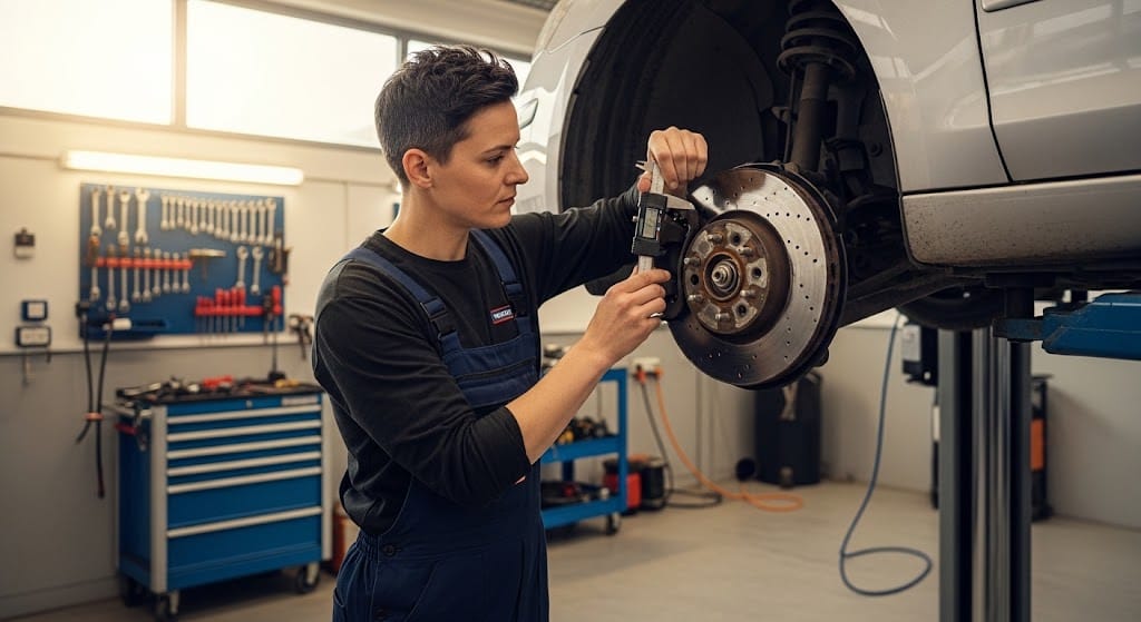Mechanic using diagnostic tools for brake inspection
