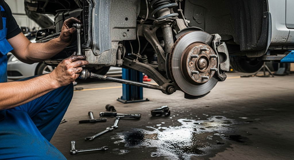 Mechanic inspecting worn car suspension parts