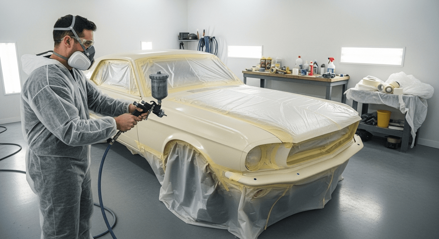Person prepping car for spray painting