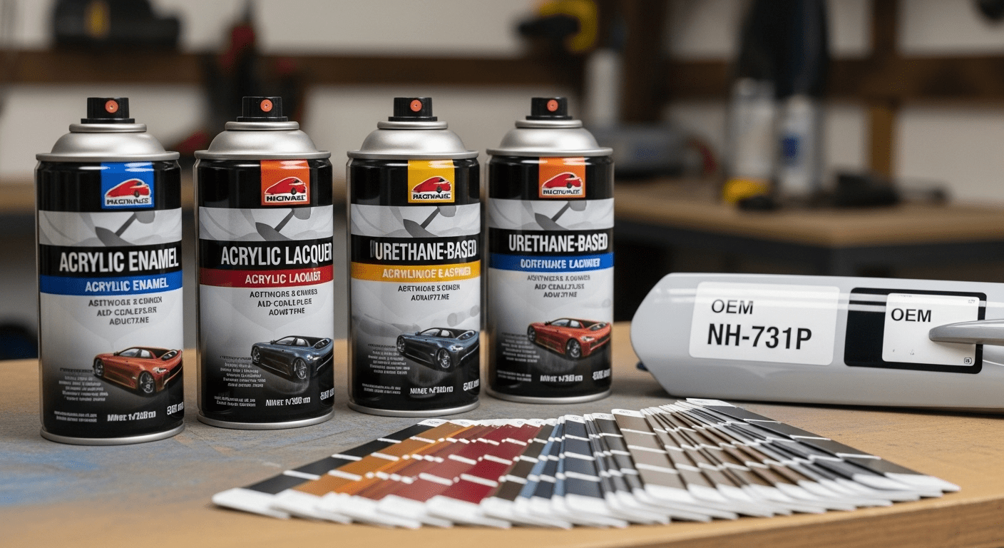 Different car spray paint types on workbench