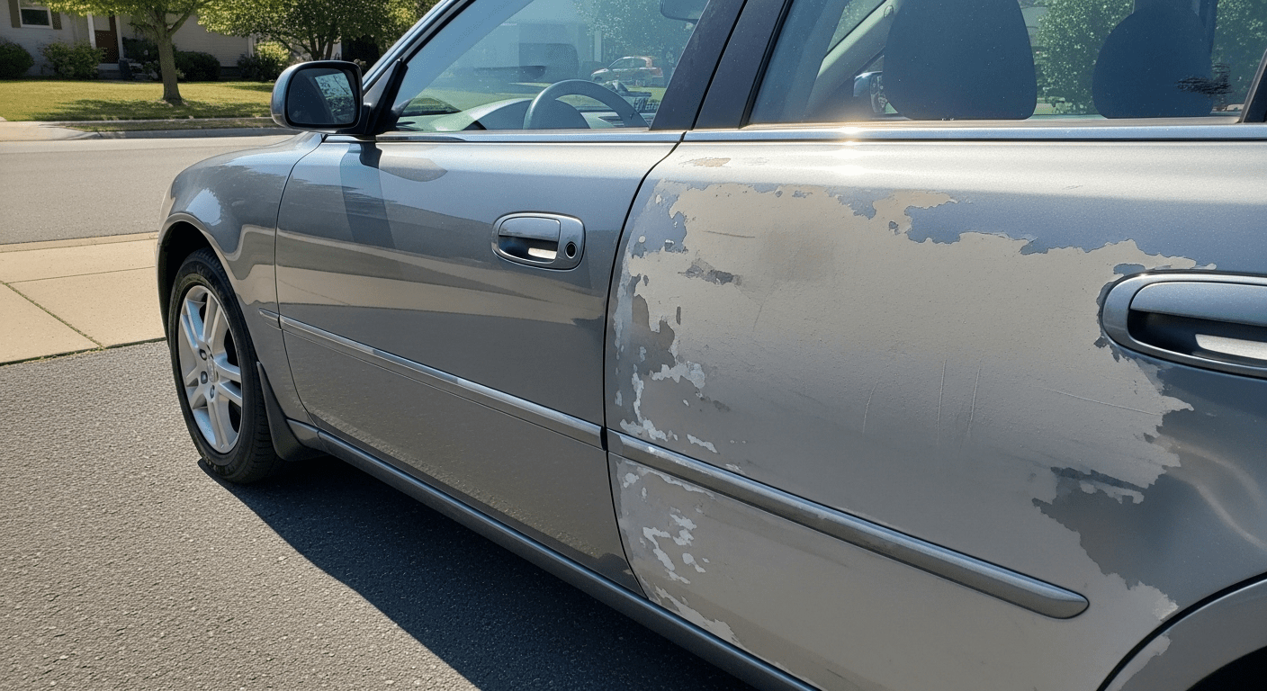 Fresh vs faded spray paint on car