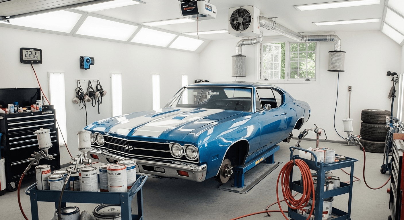 Car spray painting in clean garage