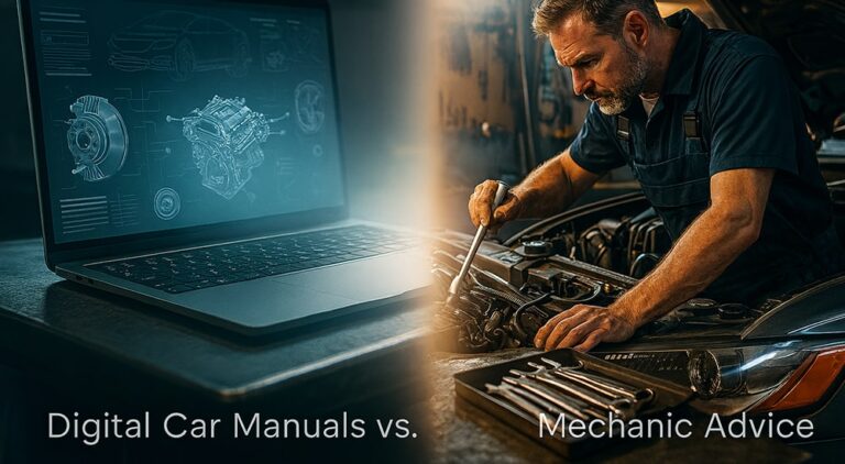 Realistic split image showing laptop with digital car manual and mechanic repairing car engine side by side