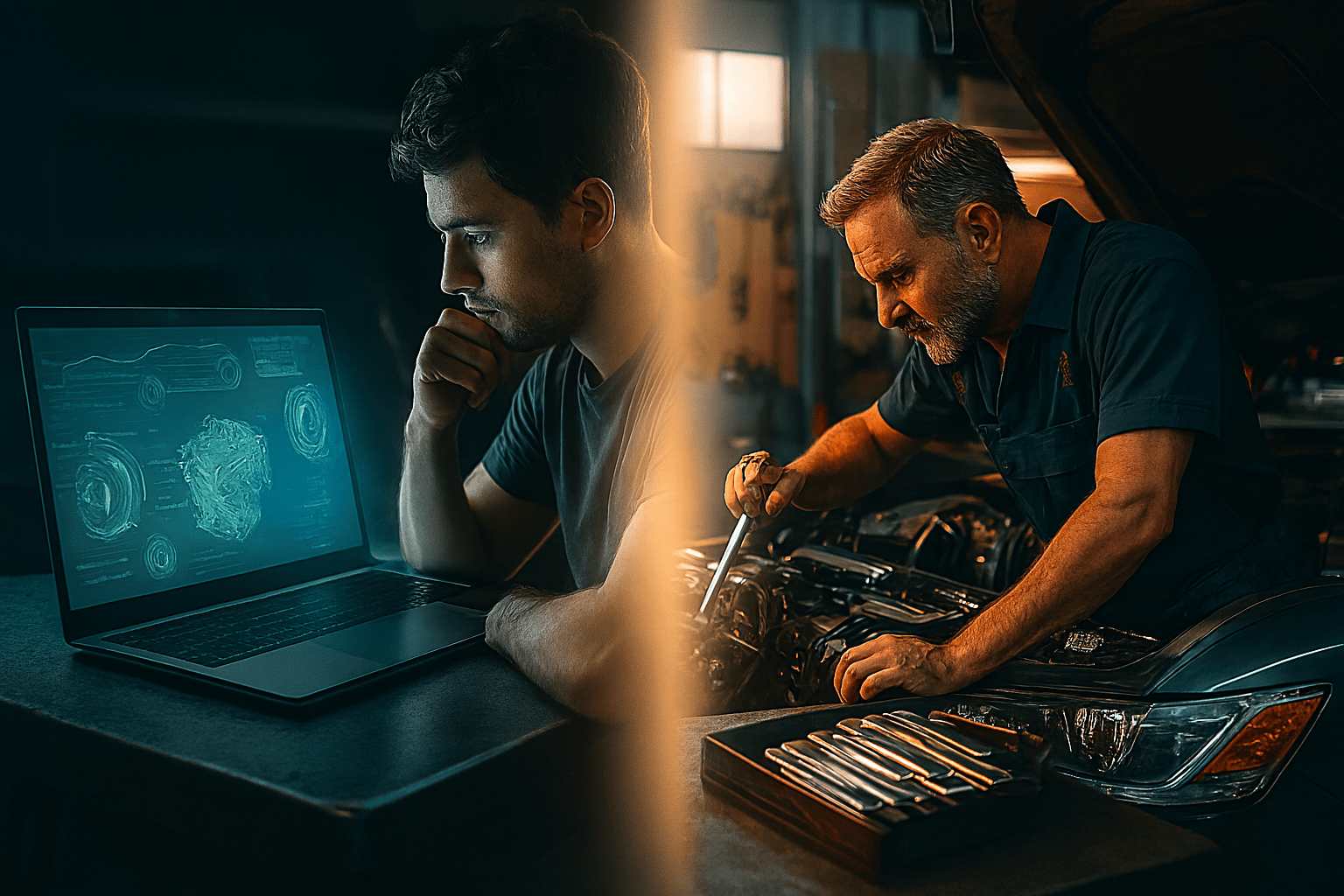 Car owner comparing digital manual and mechanic guidance