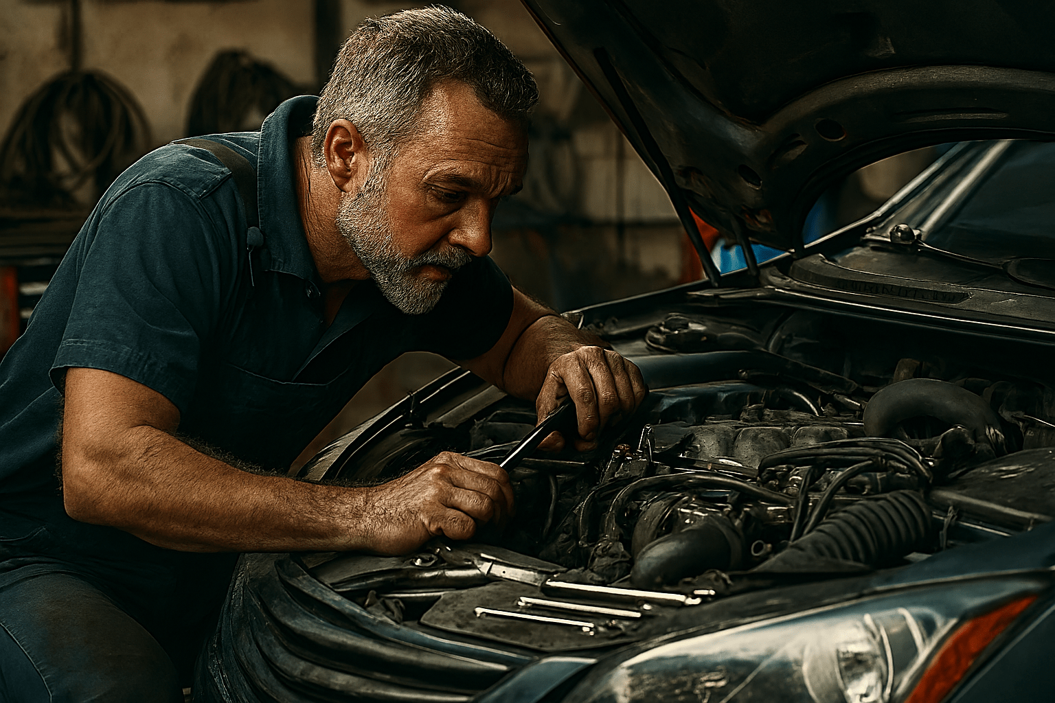 Skilled mechanic examining car engine carefully