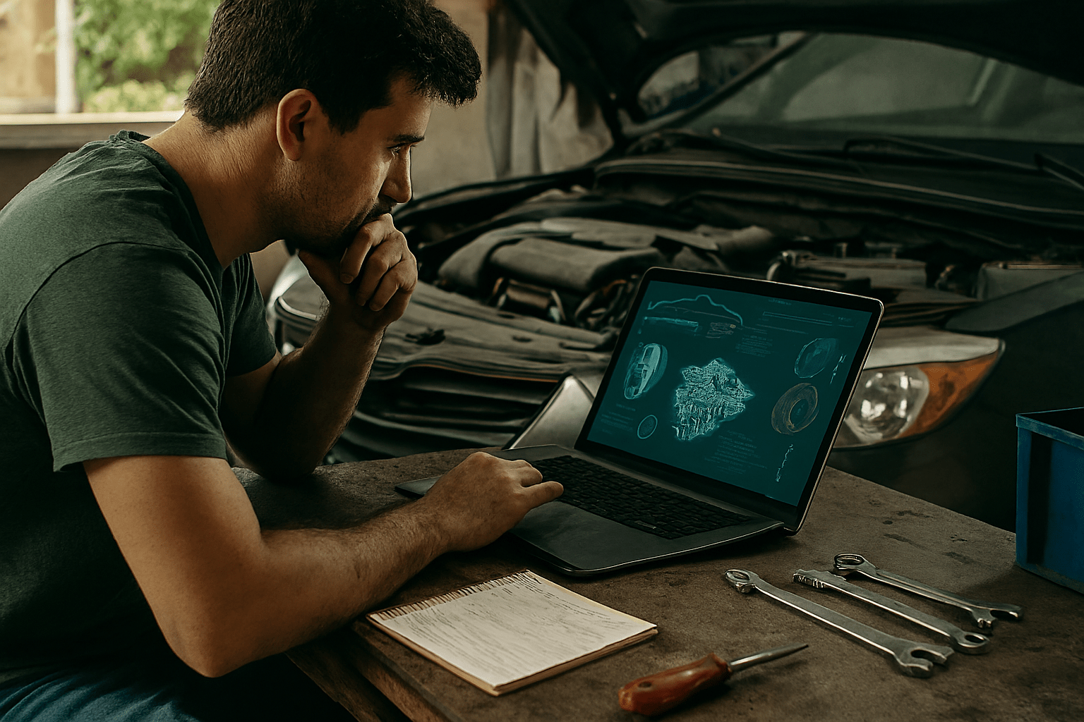 Person using digital car manual during repair