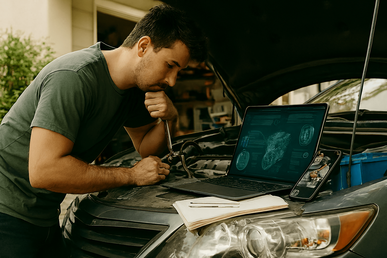 Person comparing car manual and mechanic tips